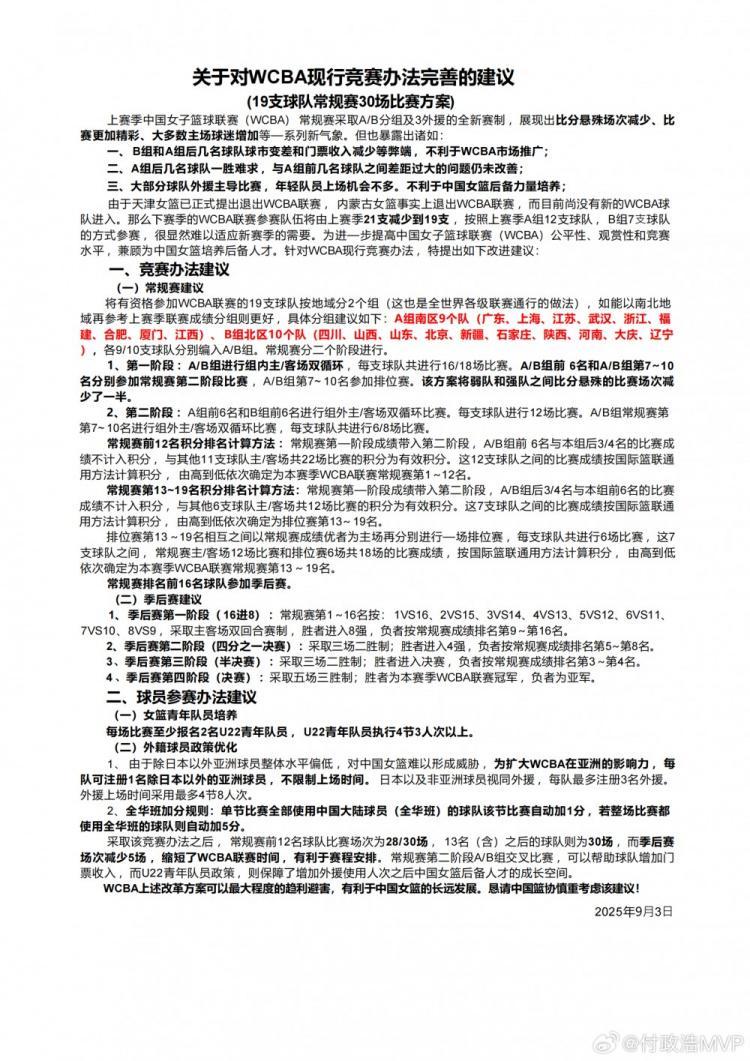 媒体人：WCBA正征集新赛季赛制意见 南北分区方案可兼顾降本增效